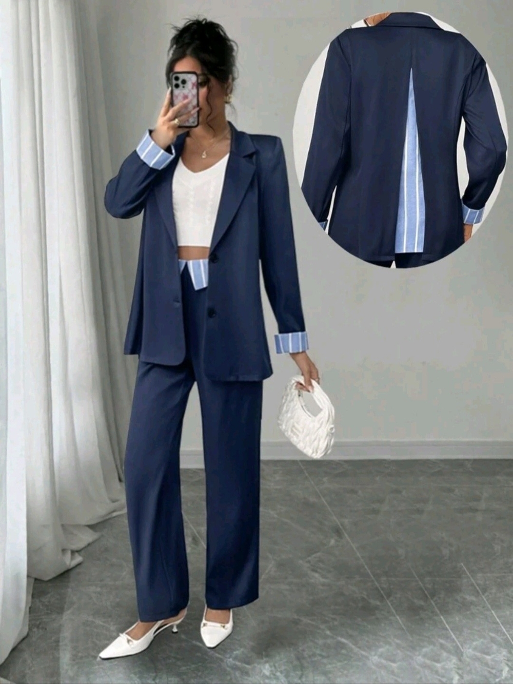 SHEIN Navy Blue Two-Piece Pantsuit with Light Blue Stripe Accents